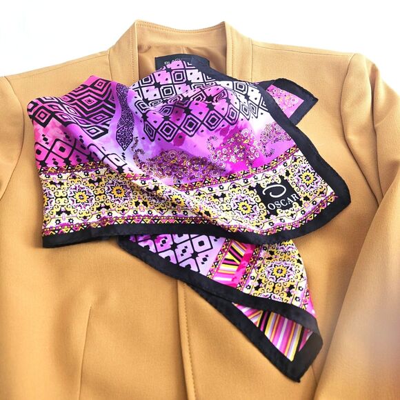 Vintage OSCAR de La Renta Pink Purple Scarf Neckerchief Women Floral Geometric - Picture 1 of 5